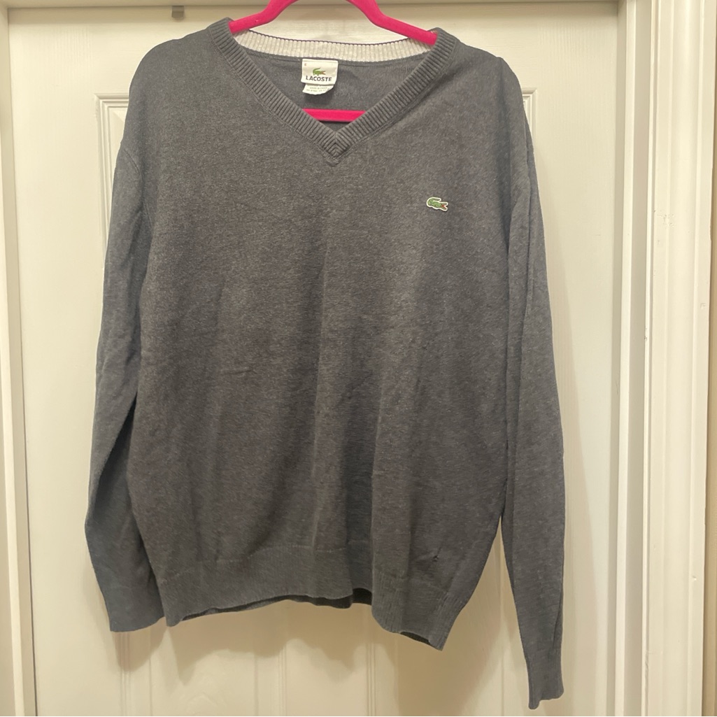 Lacoste Men's Gray V-Neck Sweater 100% Cotton
